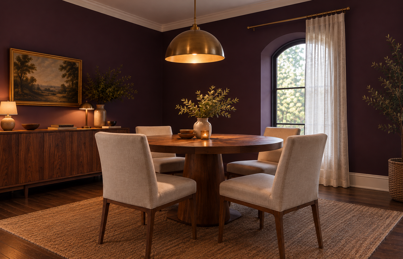 Divine damson dining room with deep plum walls, a round walnut table, cream linen chairs and a glowing brass pendant