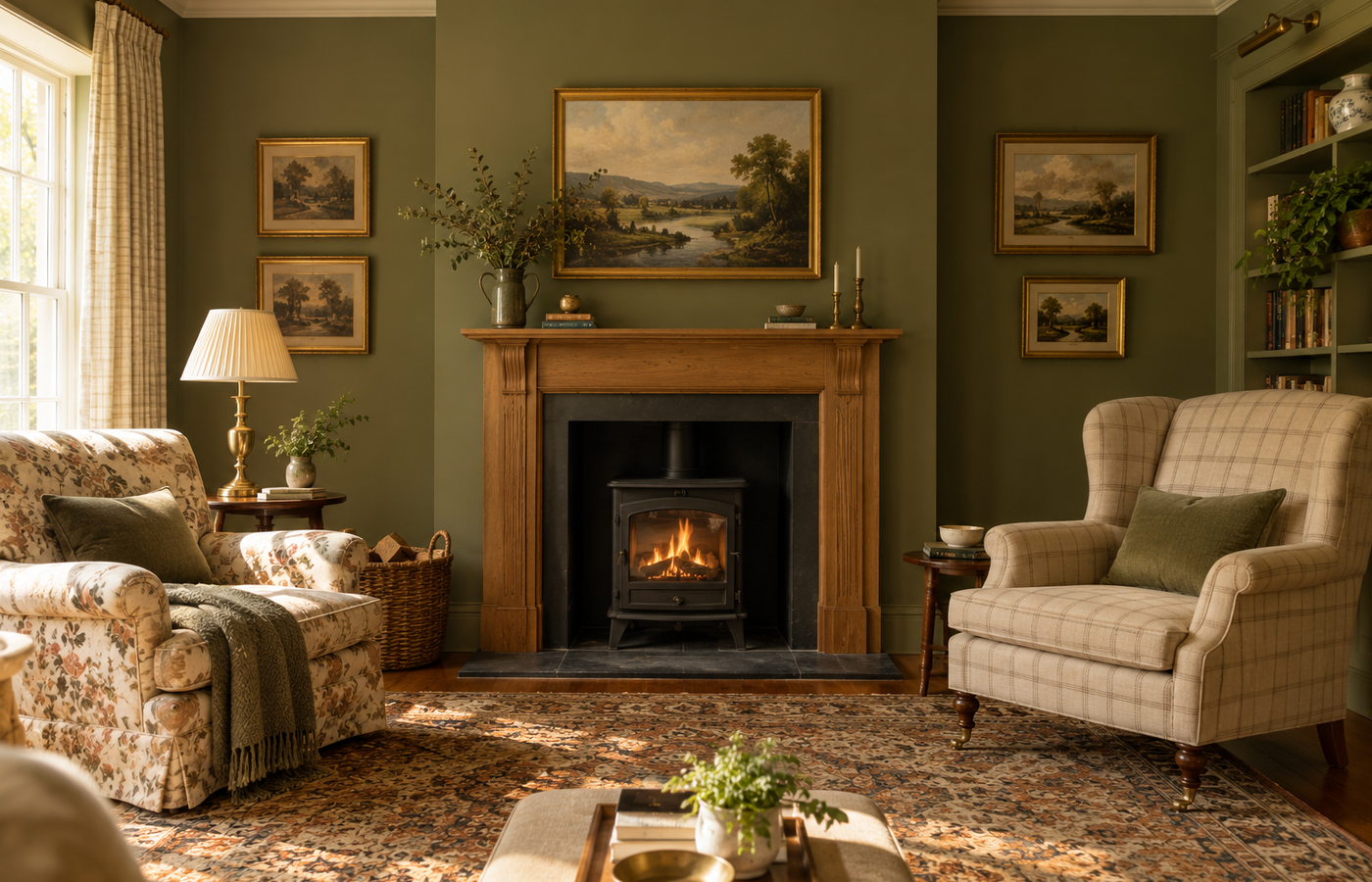 English country decor ideas in a sitting room with olive green walls and floral and check armchairs