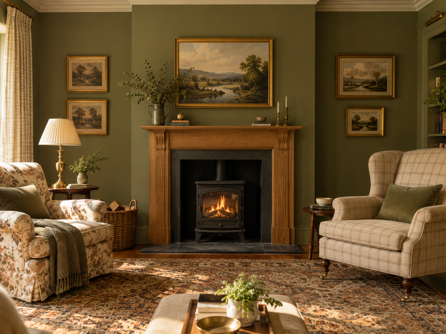 English country decor ideas in a sitting room with olive green walls and floral and check armchairs