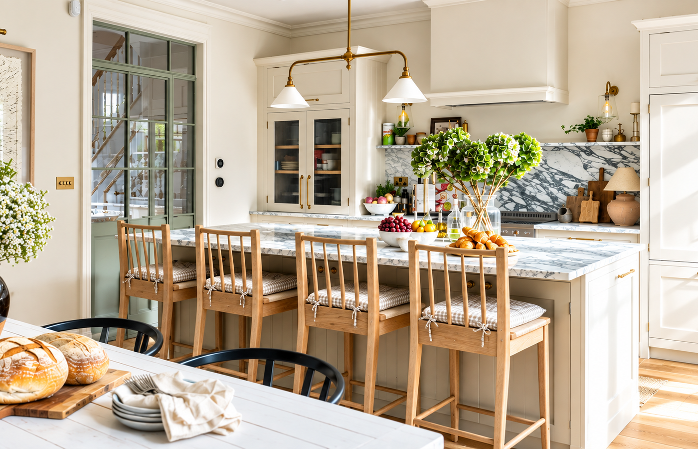 Bright modern kitchen with marble island, wooden bar stools, cream cabinets, fresh flowers, and organized countertops