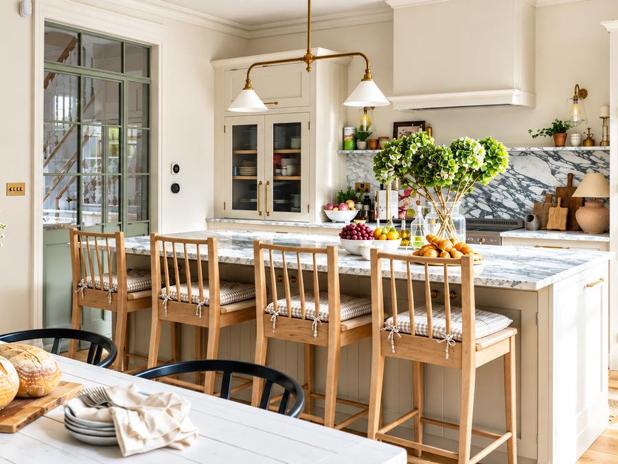 Bright modern kitchen with marble island, wooden bar stools, cream cabinets, fresh flowers, and organized countertops