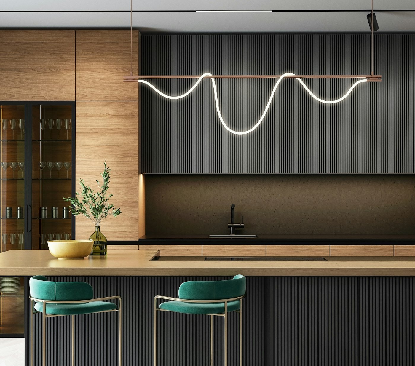 Kitchen with dark navy cabinets, brass handles and a white countertop