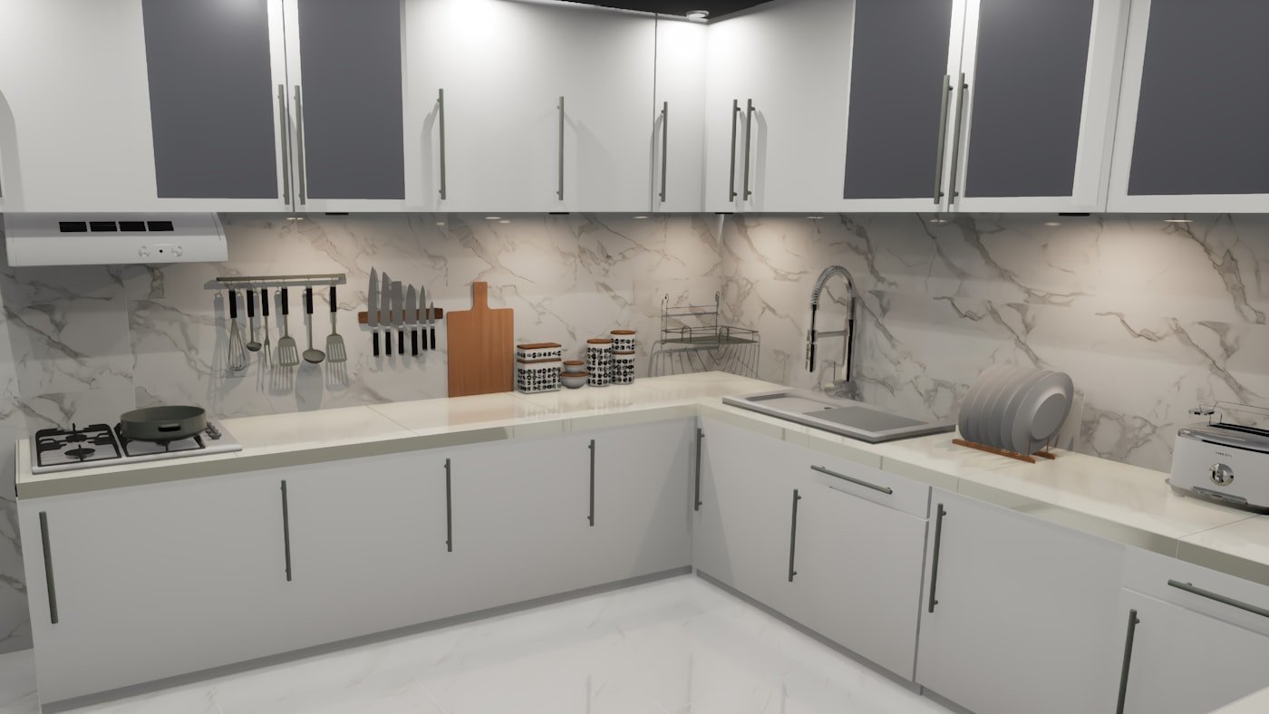 Kitchen with charcoal grey cabinets and a butcher block wooden countertop