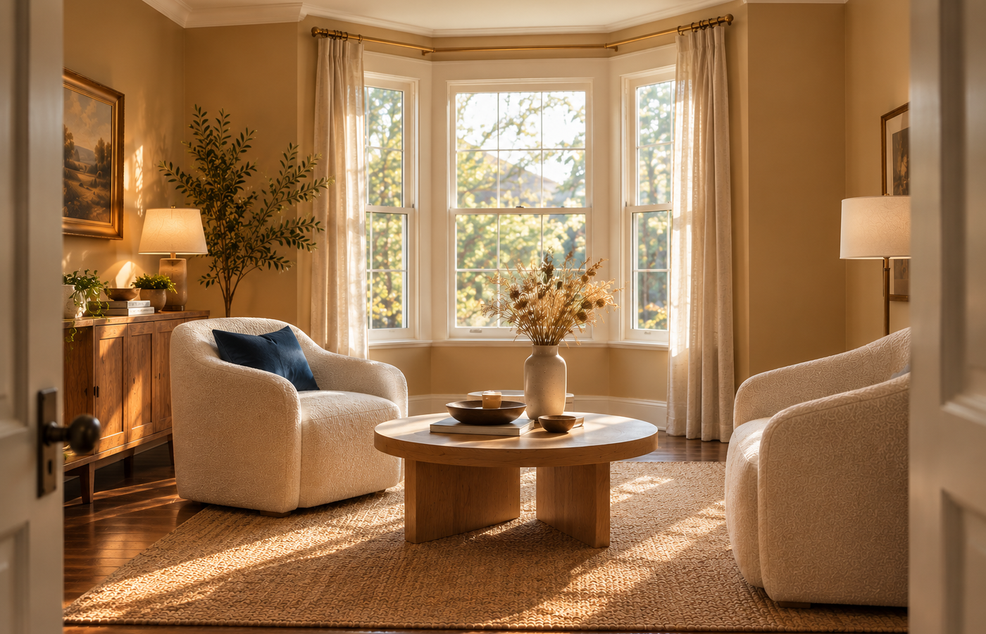 c2 epernay living room with soft ochre walls, two cream textured armchairs, a round oak coffee table and a bay window