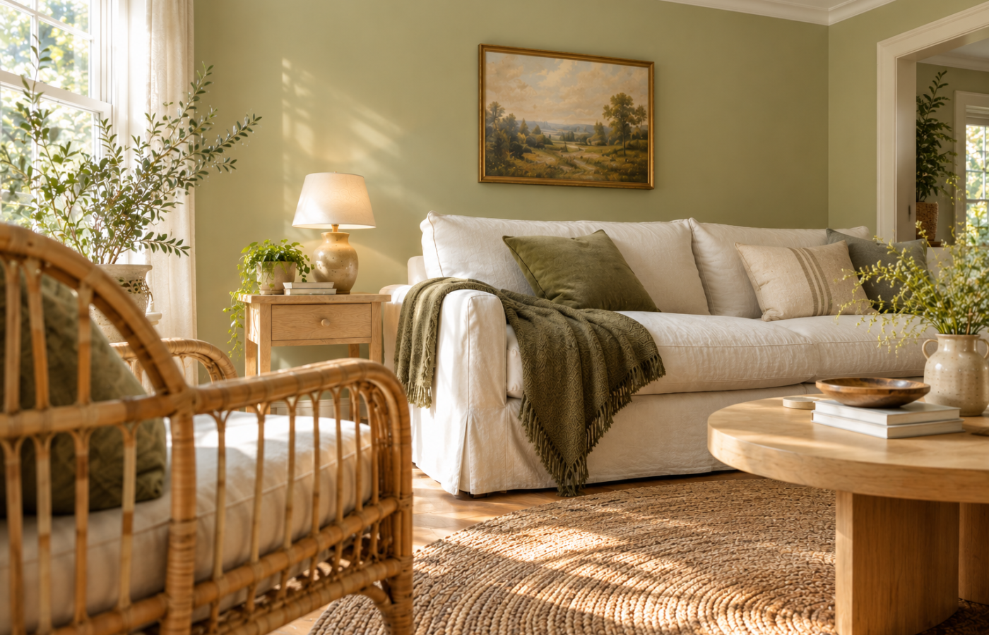 sw 6421 celery living room with soft herbal green walls, a white slipcovered sofa, olive throw and rattan armchair