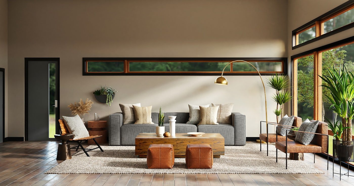 Living room with a single large rug that all furniture sits on