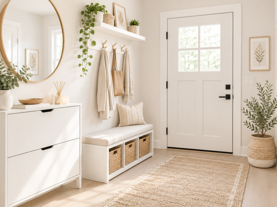 Small entryway ideas with a console table and wall hooks