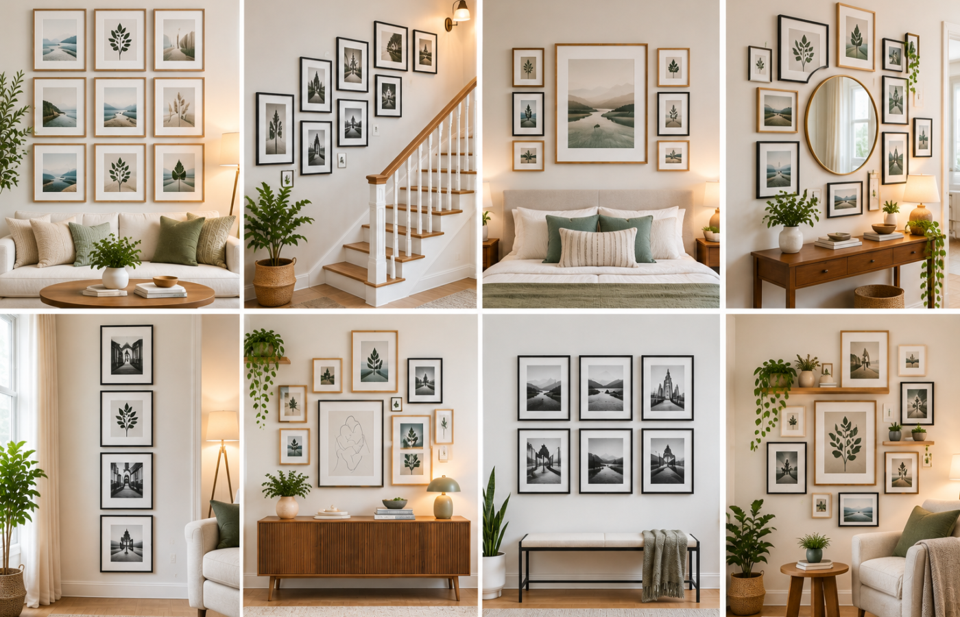 Gallery wall ideas shown across 8 different layout styles