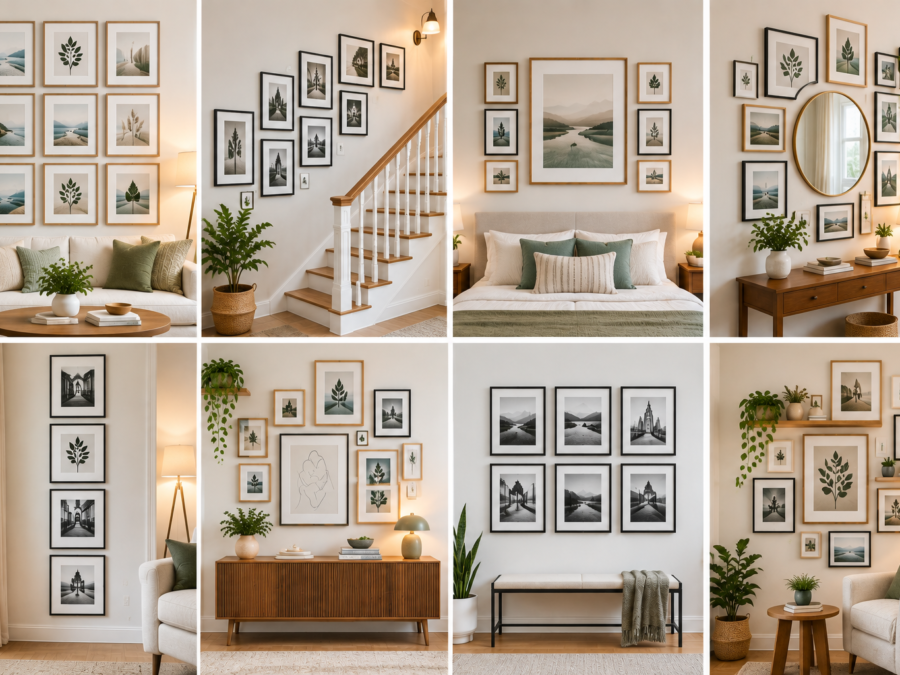 Gallery wall ideas shown across 8 different layout styles