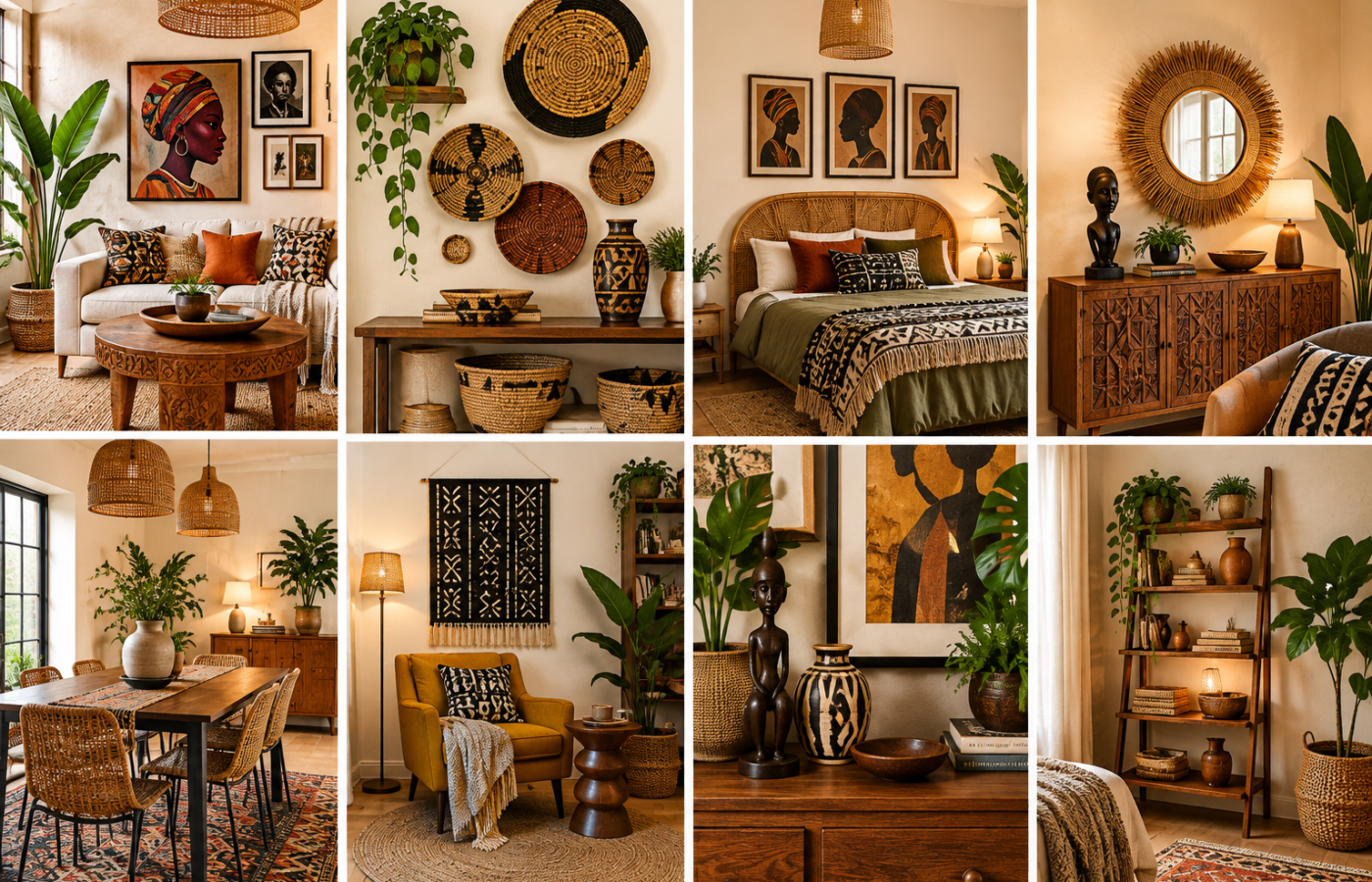 Afrobohemian home decor ideas shown across 8 styled rooms