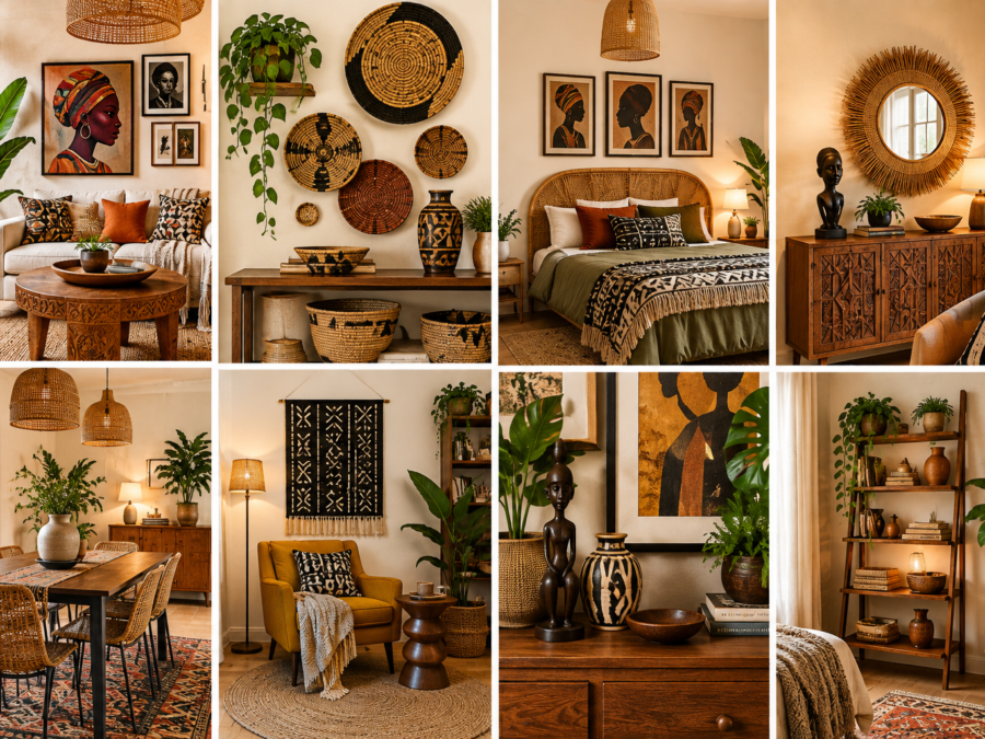 Afrobohemian home decor ideas shown across 8 styled rooms