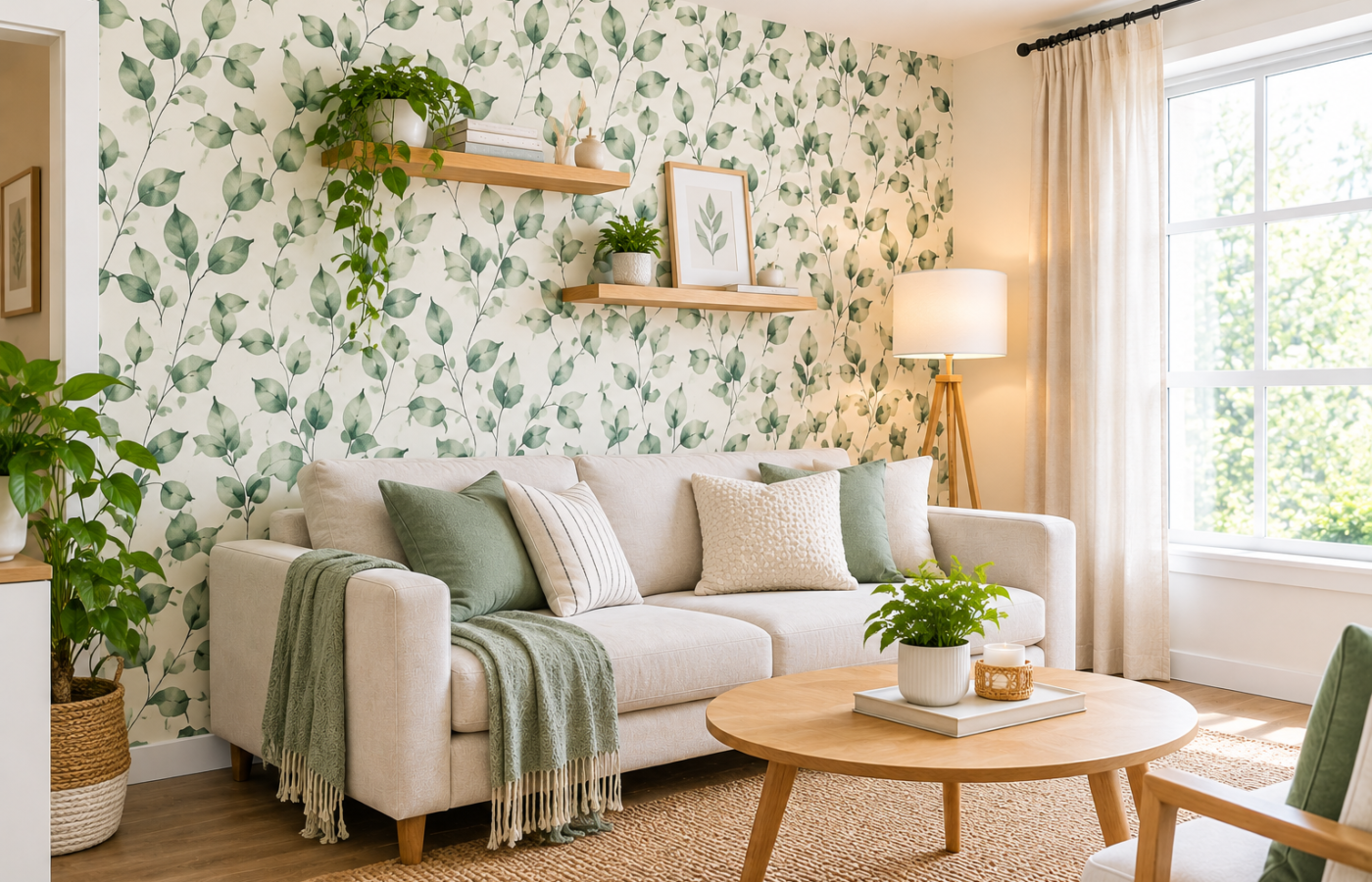 Peel and stick wallpaper ideas shown on a botanical leaf-print accent wall