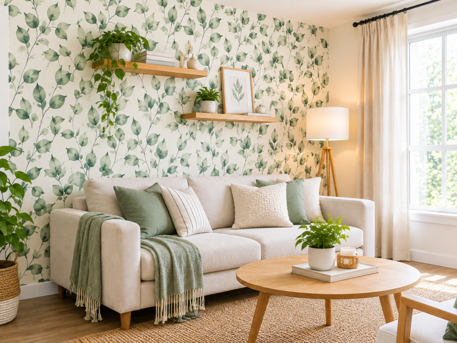 Peel and stick wallpaper ideas shown on a botanical leaf-print accent wall