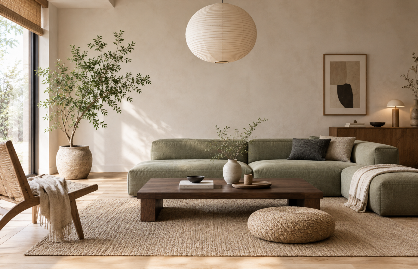 Japandi living room ideas with a low sectional, paper lantern and natural textures