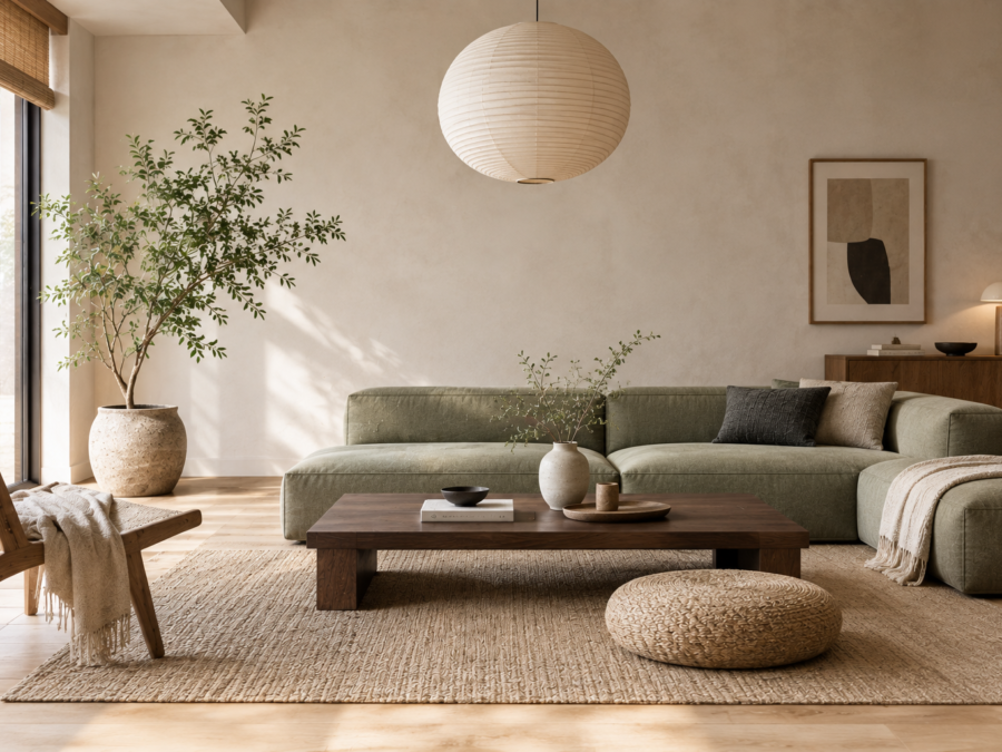 Japandi living room ideas with a low sectional, paper lantern and natural textures