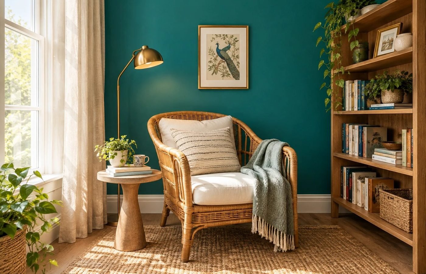 Teal accent wall for renters in a reading nook with a rattan chair and bookshelf