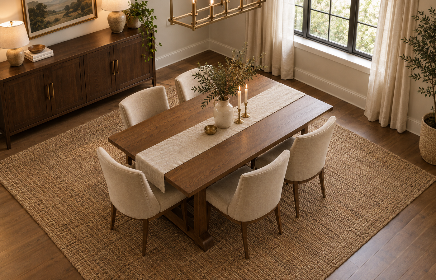 Jute rug dining table size shown from above with a large jute rug extending past the table and chairs