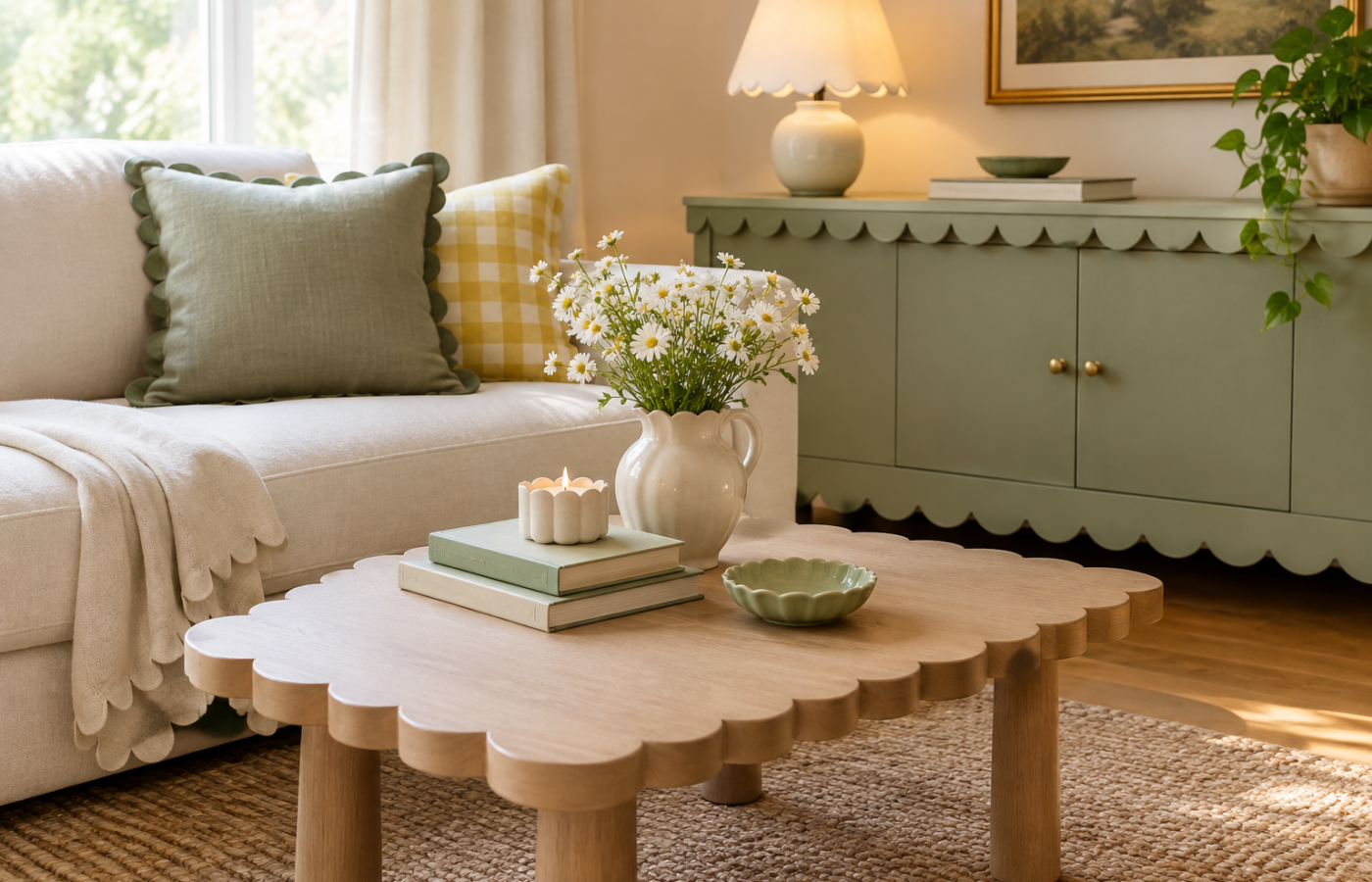 Scalloped edge decor ideas with a scalloped coffee table, console and pillow trim