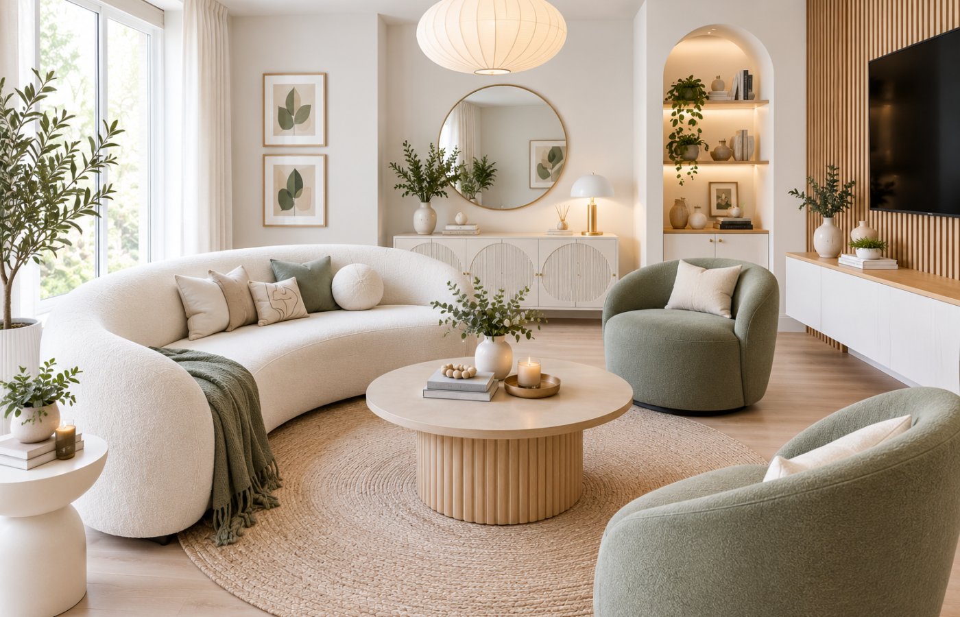 Curved furniture ideas for small living rooms with a rounded sofa and chairs