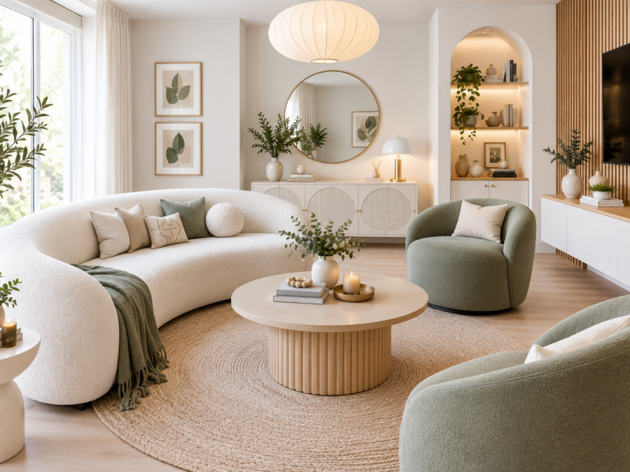 Curved furniture ideas for small living rooms with a rounded sofa and chairs