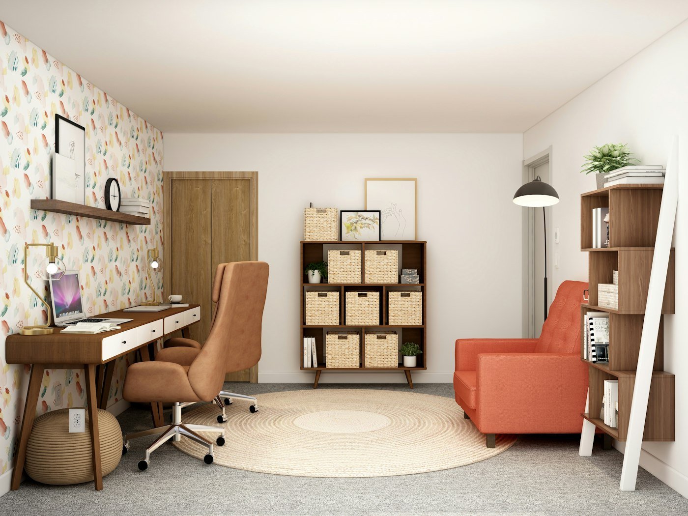 Long narrow desk running along a bedroom wall with two monitors