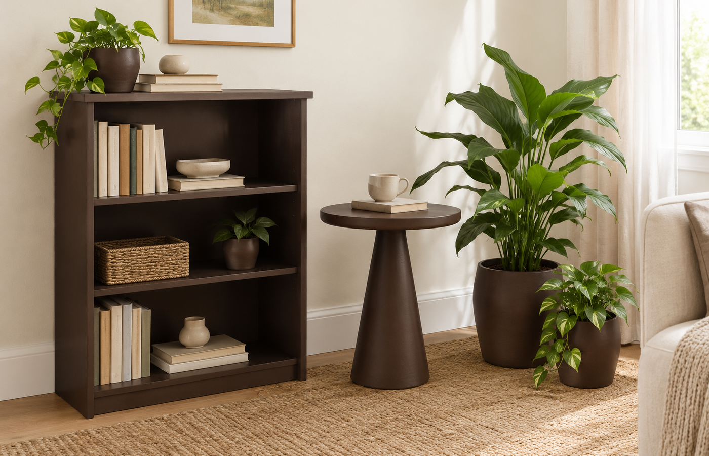 Krylon Coffee Bean spray paint makeover on a bookcase, side table and plant pots in dark brown