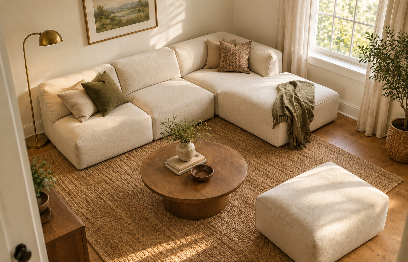 Modular sofa in an L-shaped layout with a chaise and ottoman in a small living room
