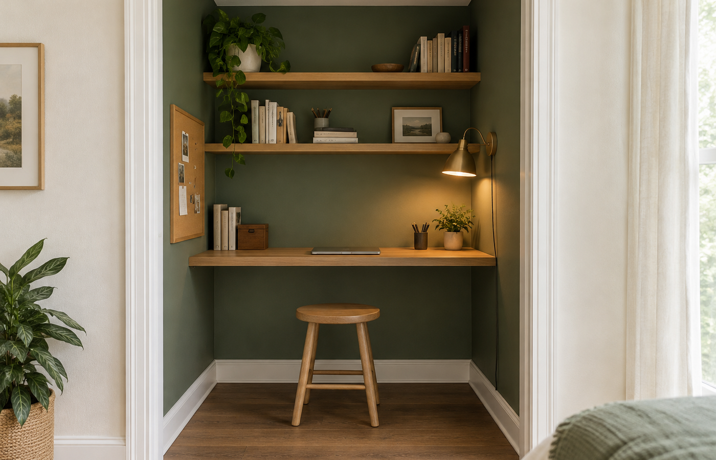 Closet home office with a floating wood desk, stool, shelves and a brass wall sconce in sage green