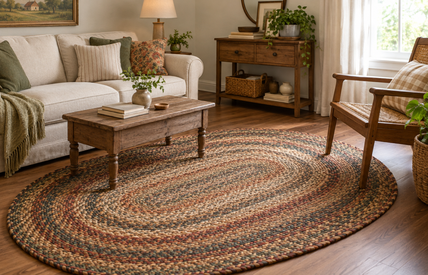 Vintage braided rug ideas with a large oval rug in warm earthy tones
