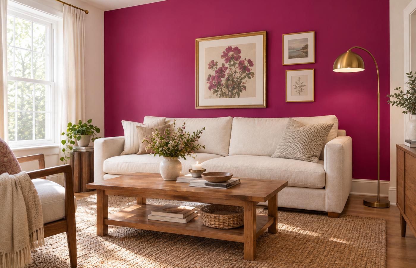 Magenta accent wall ideas in a living room with a cream sofa and brass lamp