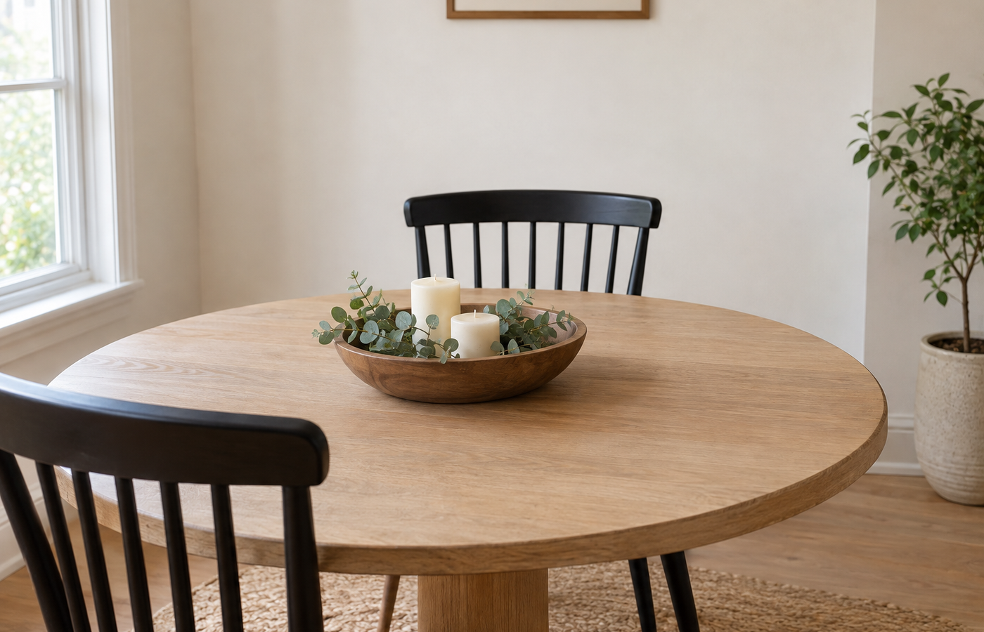Dining table centerpiece height kept low with a wooden bowl of eucalyptus and two cream candles on a round oak table