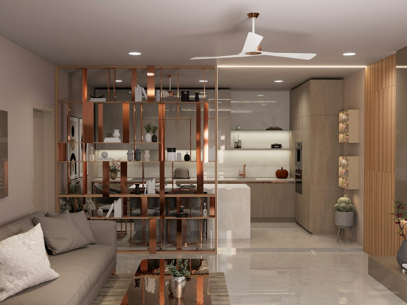 Studio apartment with one rug under the sofa area and a different rug beside the bed