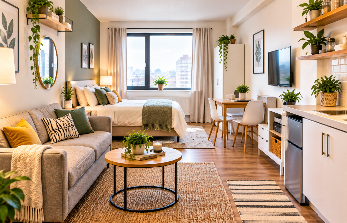 Studio apartment ideas for renters using rugs and furniture to zone the space