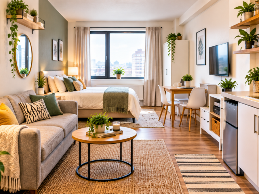 Studio apartment ideas for renters using rugs and furniture to zone the space