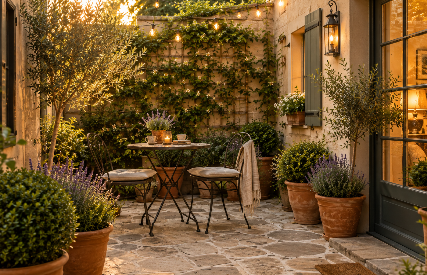 European courtyard garden on a small patio with terracotta pots, a jasmine trellis and a bistro table