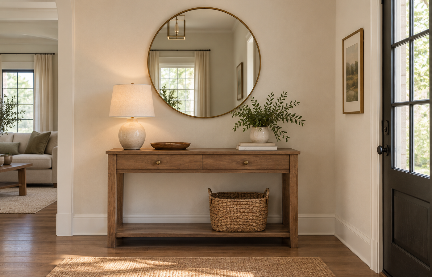 Mirror above a console table with a large round brass mirror, ceramic lamp, tray and plant