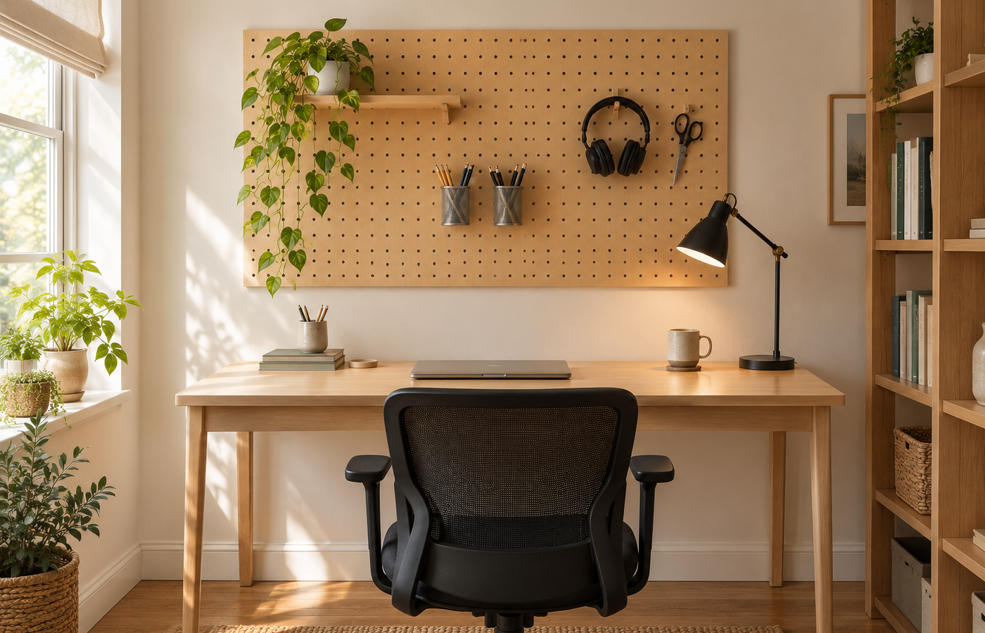 home office pegboard wall in natural birch with a plant shelf, pencil cups, headphones and scissors above a light oak desk