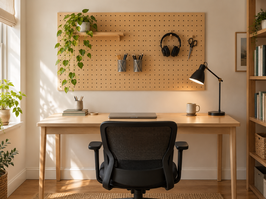 home office pegboard wall in natural birch with a plant shelf, pencil cups, headphones and scissors above a light oak desk