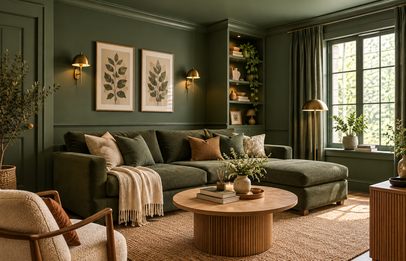 Color drenching ideas shown in an olive green living room with matching walls, trim and ceiling