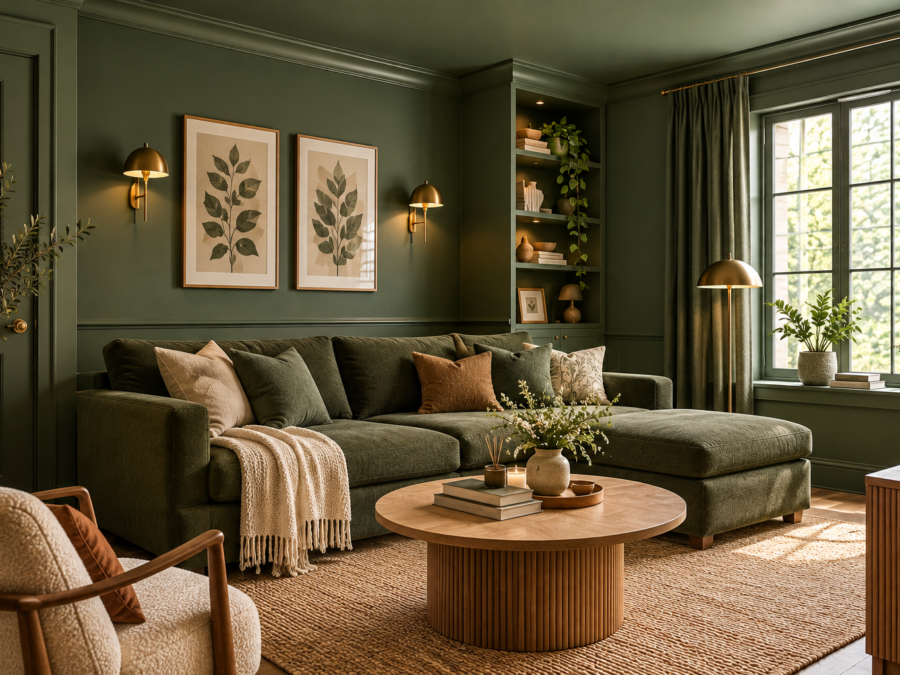 Color drenching ideas shown in an olive green living room with matching walls, trim and ceiling