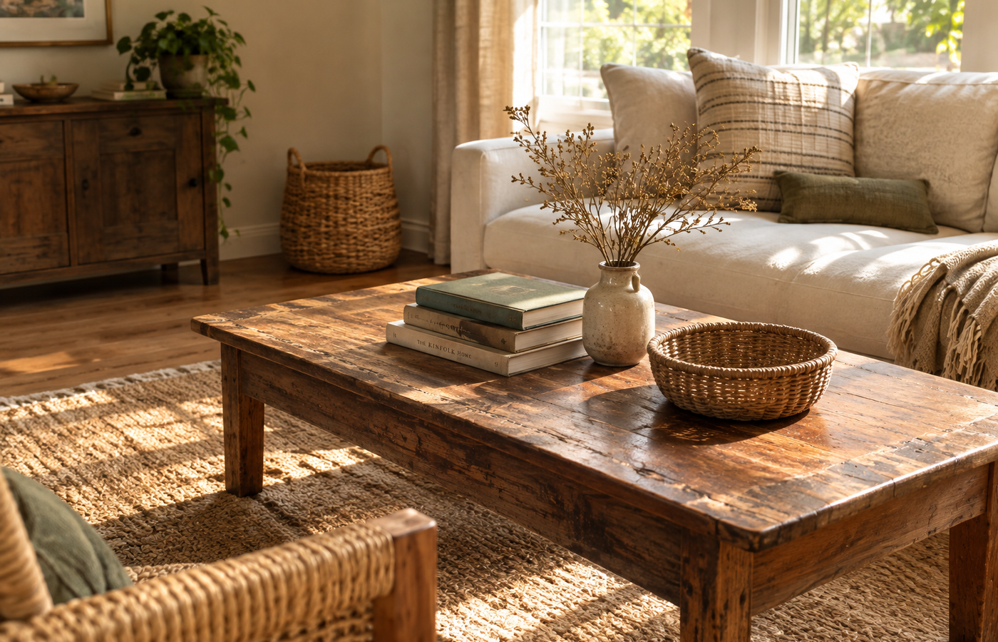 Vintage wood coffee table ideas with a worn reclaimed-wood table in a living room
