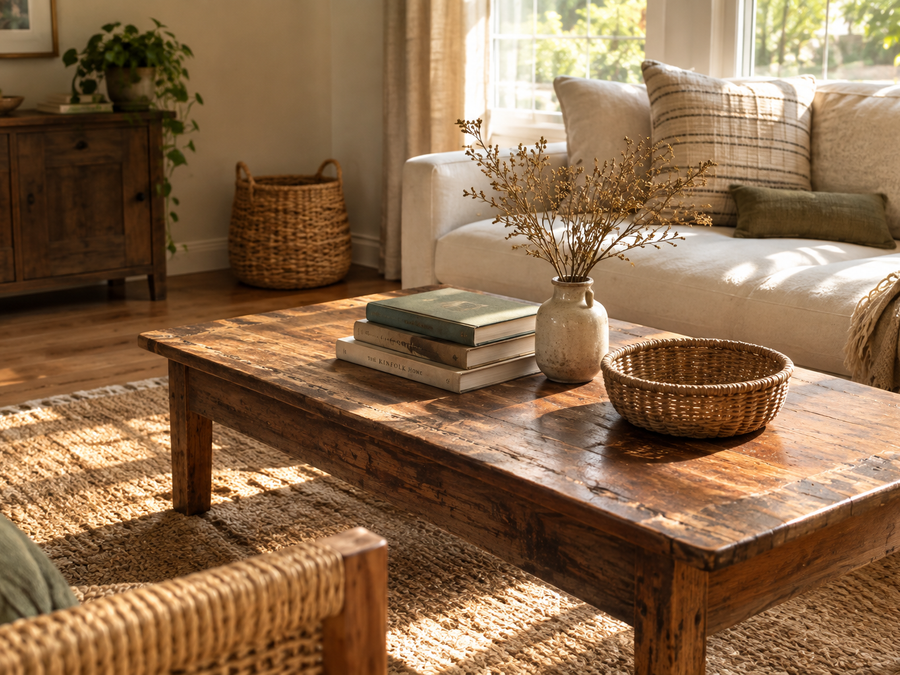 Vintage wood coffee table ideas with a worn reclaimed-wood table in a living room