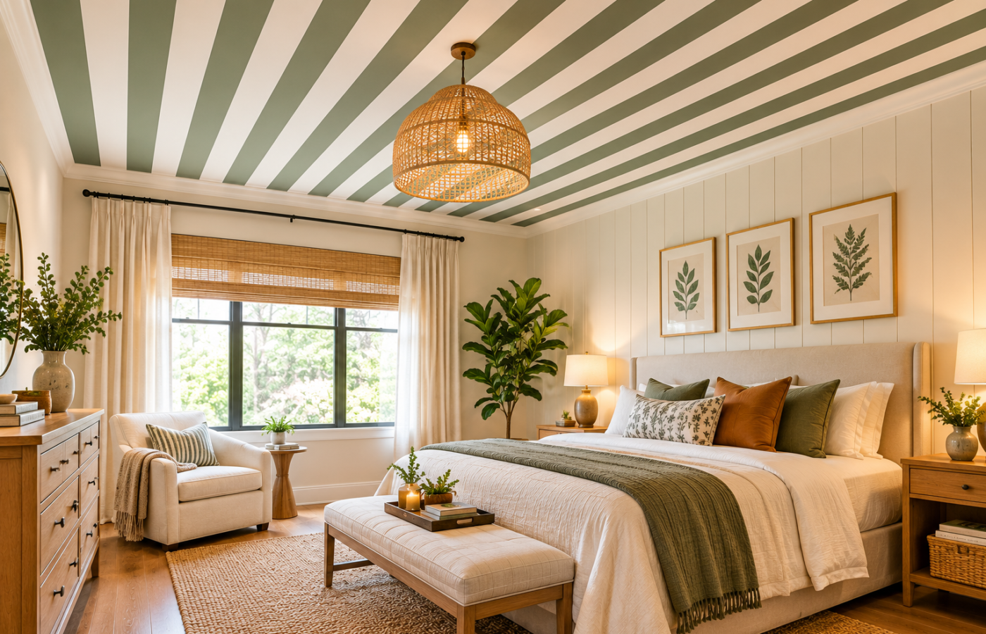 Striped ceiling ideas in a bedroom with muted green and white stripes