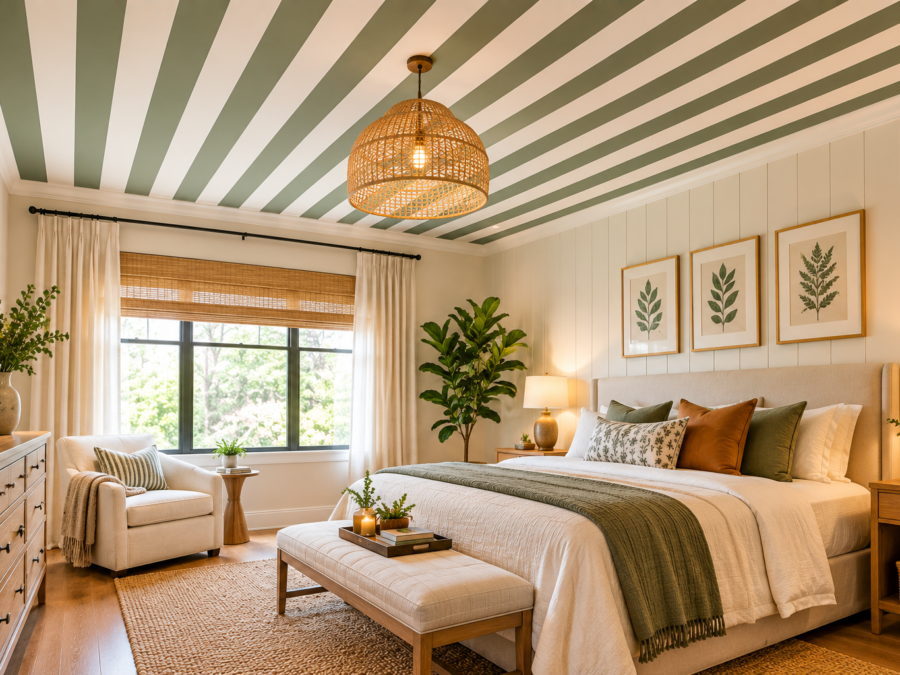 Striped ceiling ideas in a bedroom with muted green and white stripes