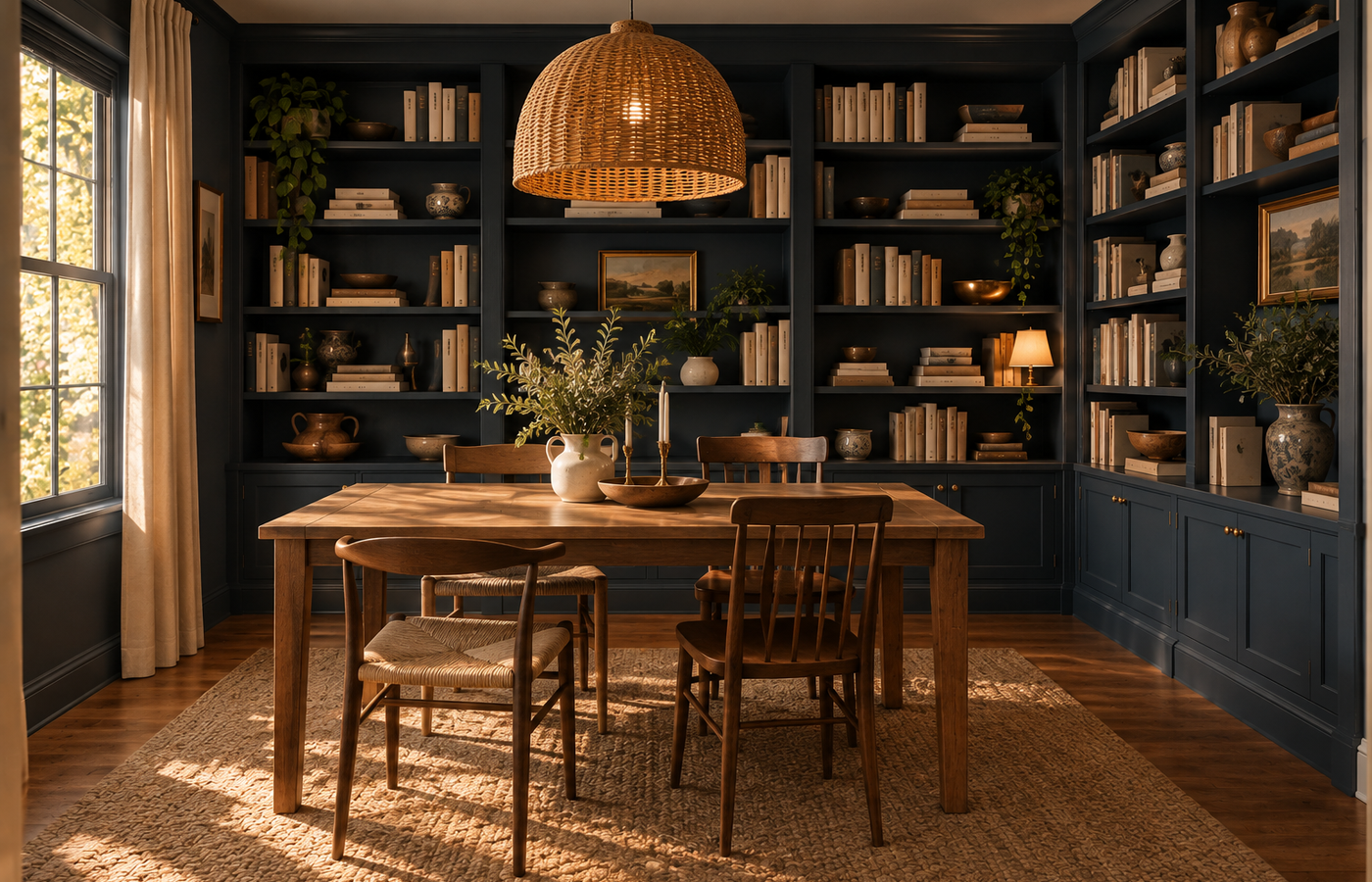 Dining room library with navy built-in bookshelves and a wood dining table
