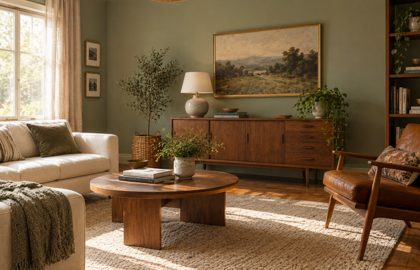 Living room painted in a dusty green like Valspar Warm Eucalyptus with a walnut credenza and cream sofa