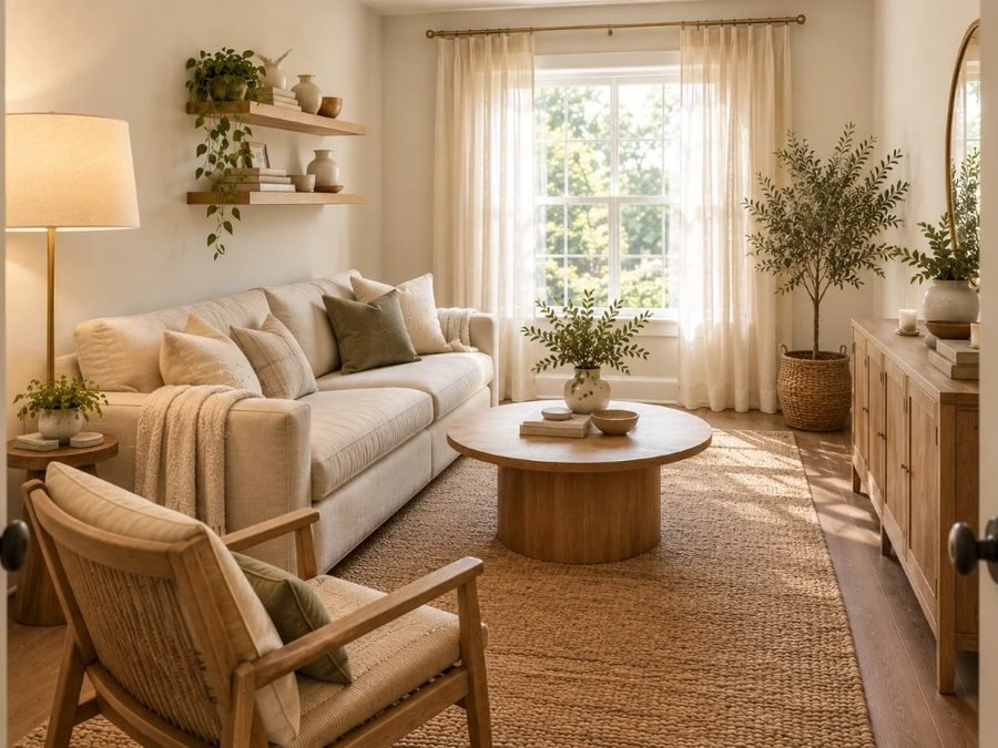 small living room layout with a linen sofa along the wall, a round coffee table, an armchair and a clear walkway