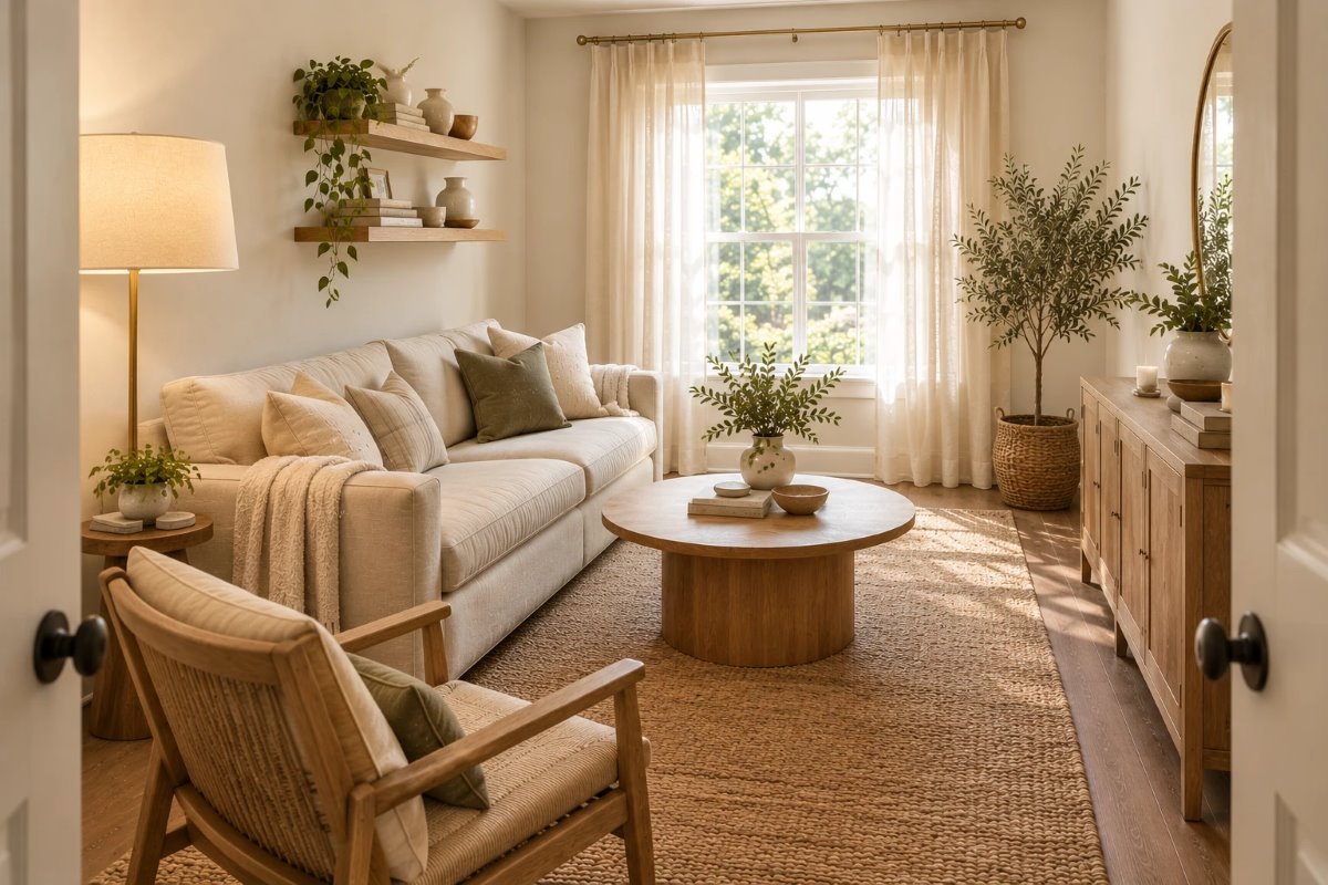 small living room layout with a linen sofa along the wall, a round coffee table, an armchair and a clear walkway