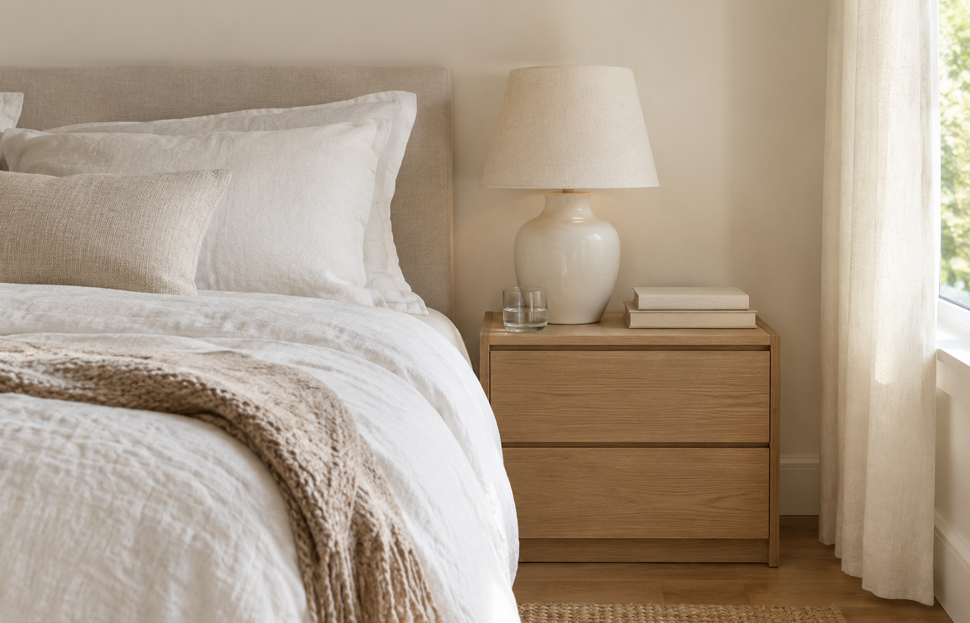 nightstand height vs mattress height: an oak nightstand level with the top of a bed with a lamp and books