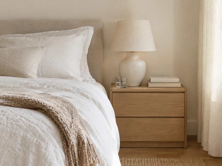 nightstand height vs mattress height: an oak nightstand level with the top of a bed with a lamp and books